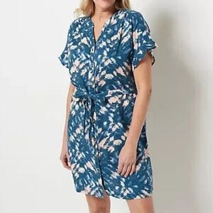 Denim & Co Ruffle Sleeve Linen Swim Cover-Up Dress, Peacock Tie Dye **NO BELT**